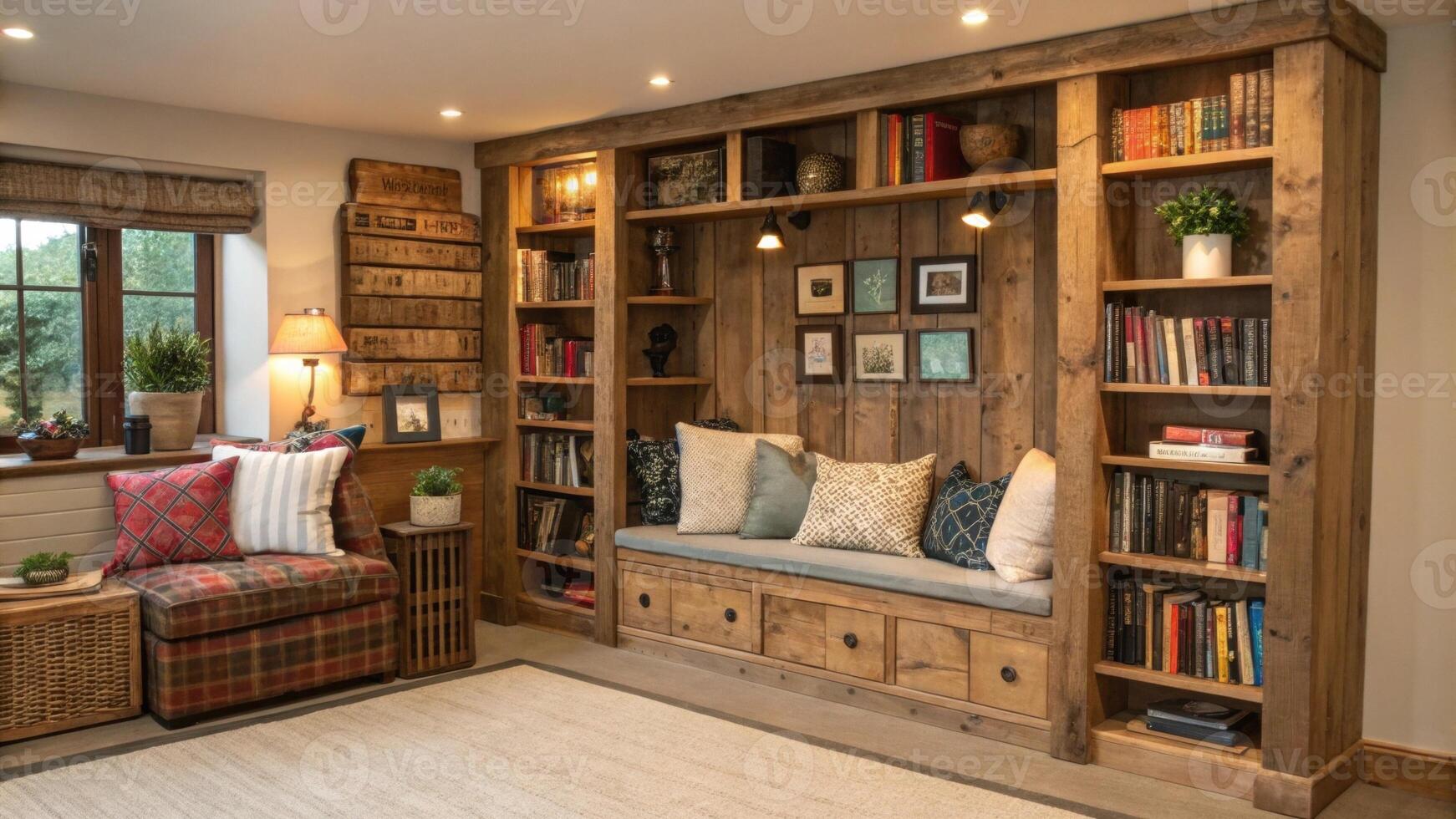 A cozy reading nook is nestled beside a large bookshelf made of reclaimed timber displaying an eclectic mix of books and decorative items that enhance the inviting atmosphere.. photo