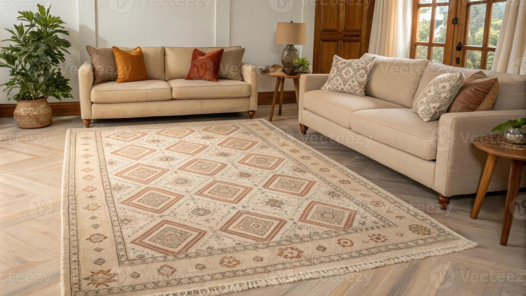 A handwoven wool rug in muted tones anchors the seating area offering softness underfoot while harmonizing with the overall color palette. It enhances the cozy appeal while. photo
