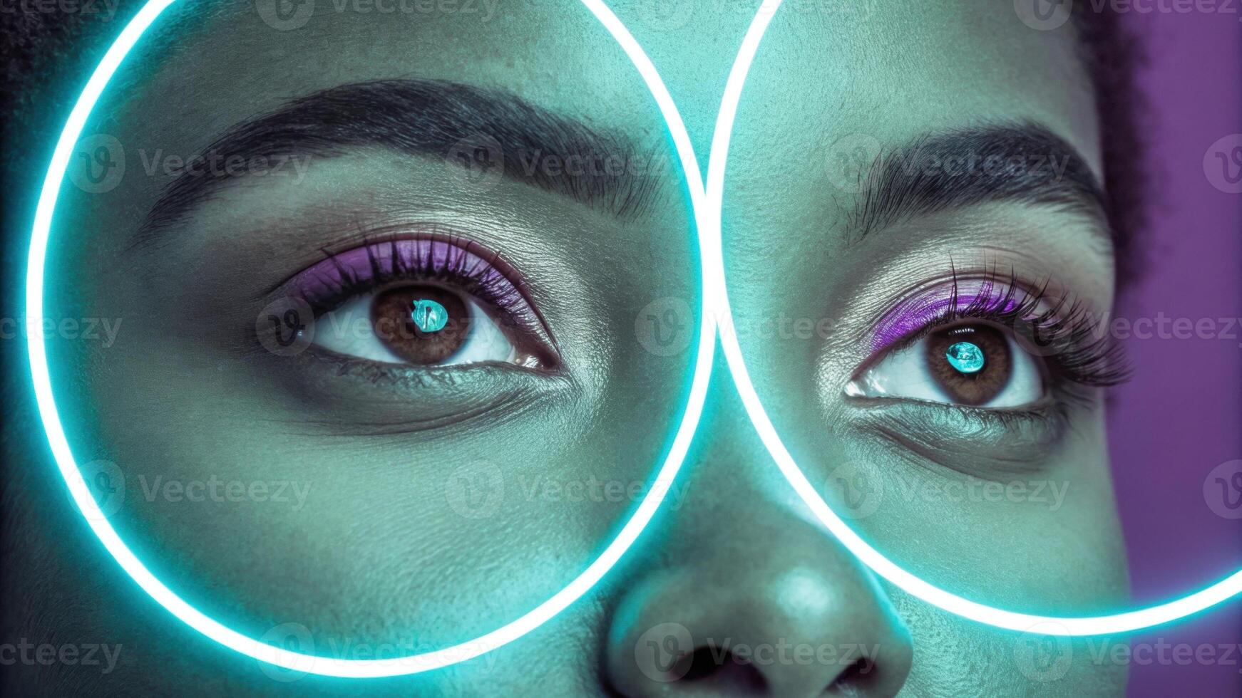 A closeup that showcases a persons eyes framed by dual neon rings of soft lavender and bright teal the unique color combination giving an ethereal quality to their serene. photo