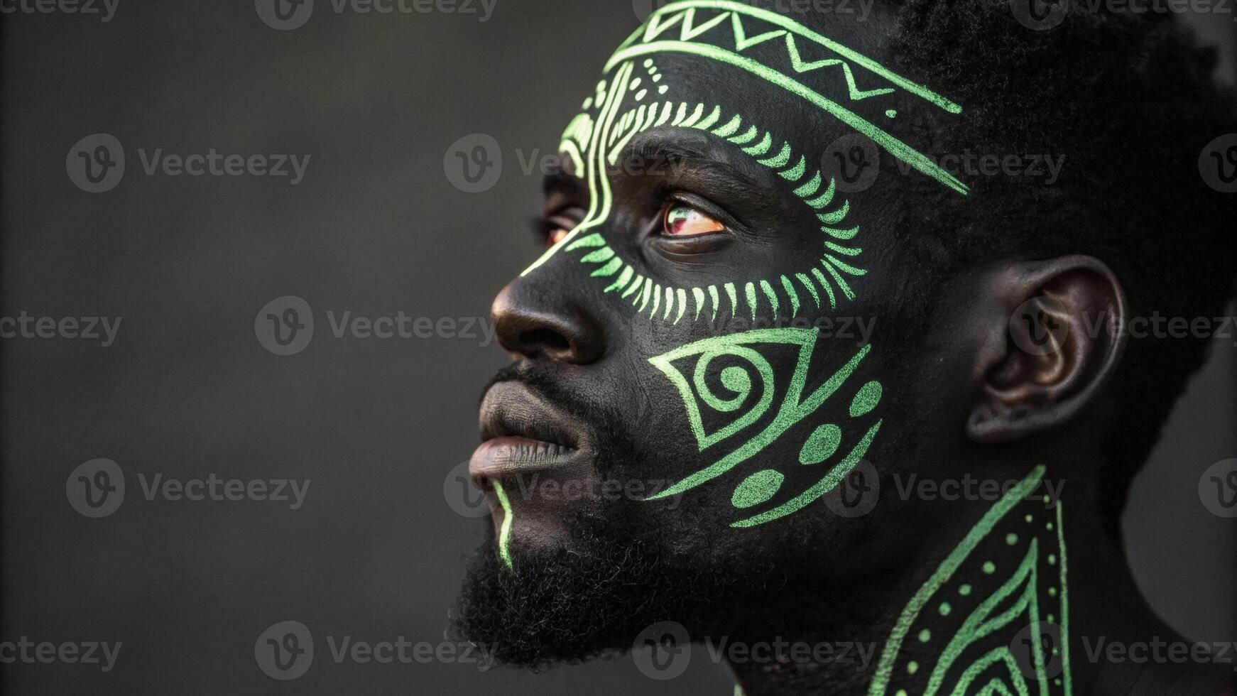A dramatic portrait of a man with a completely black face painted strategically to emphasize his facial structure contrasted by glowing neon green tribal patterns that draw the. photo