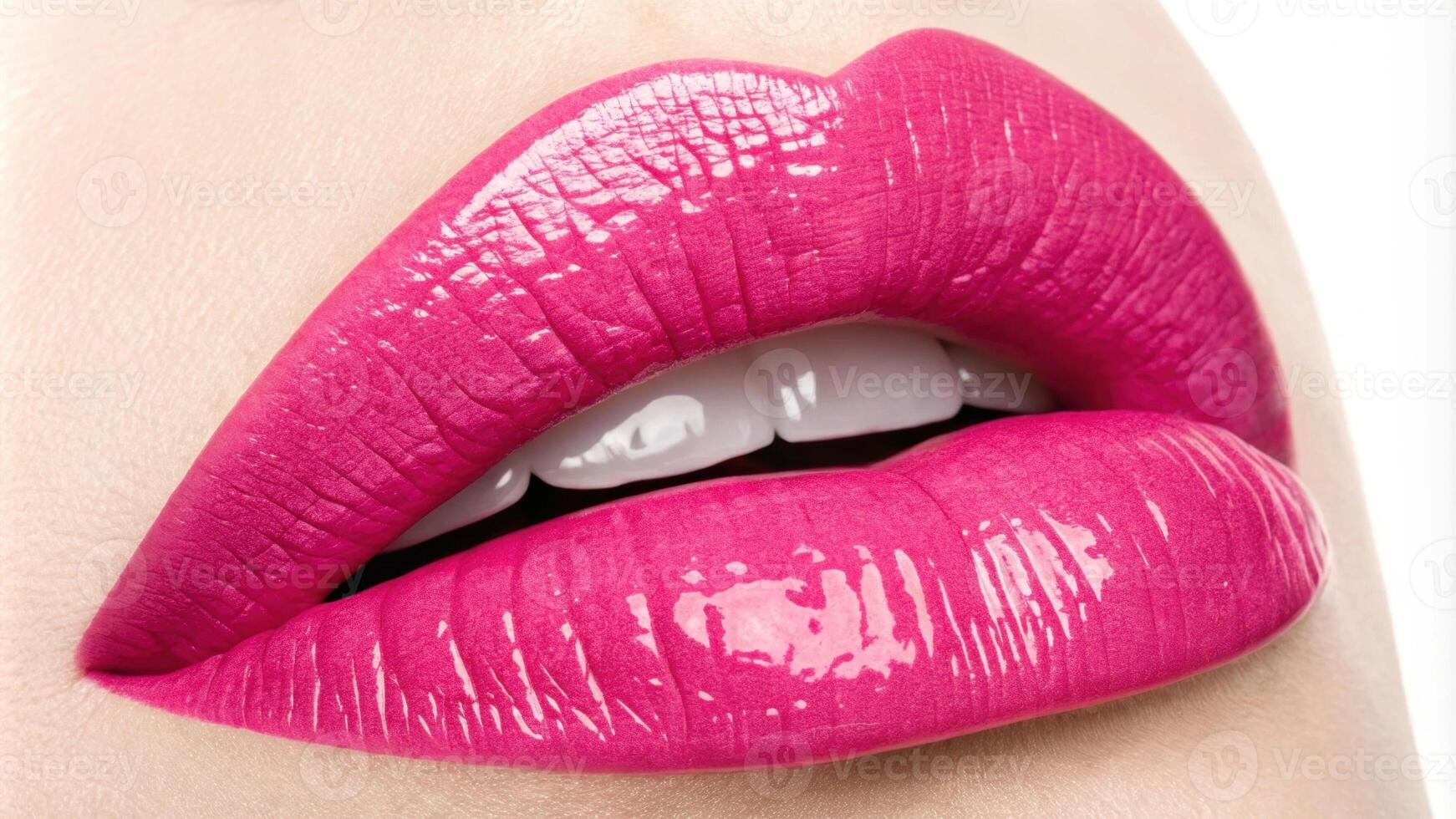 A classic hot pink lip boasts an intense shine that amplifies its vividness. The luscious gloss creates an inviting look emphasizing the smoothness and definition of the lips while. photo