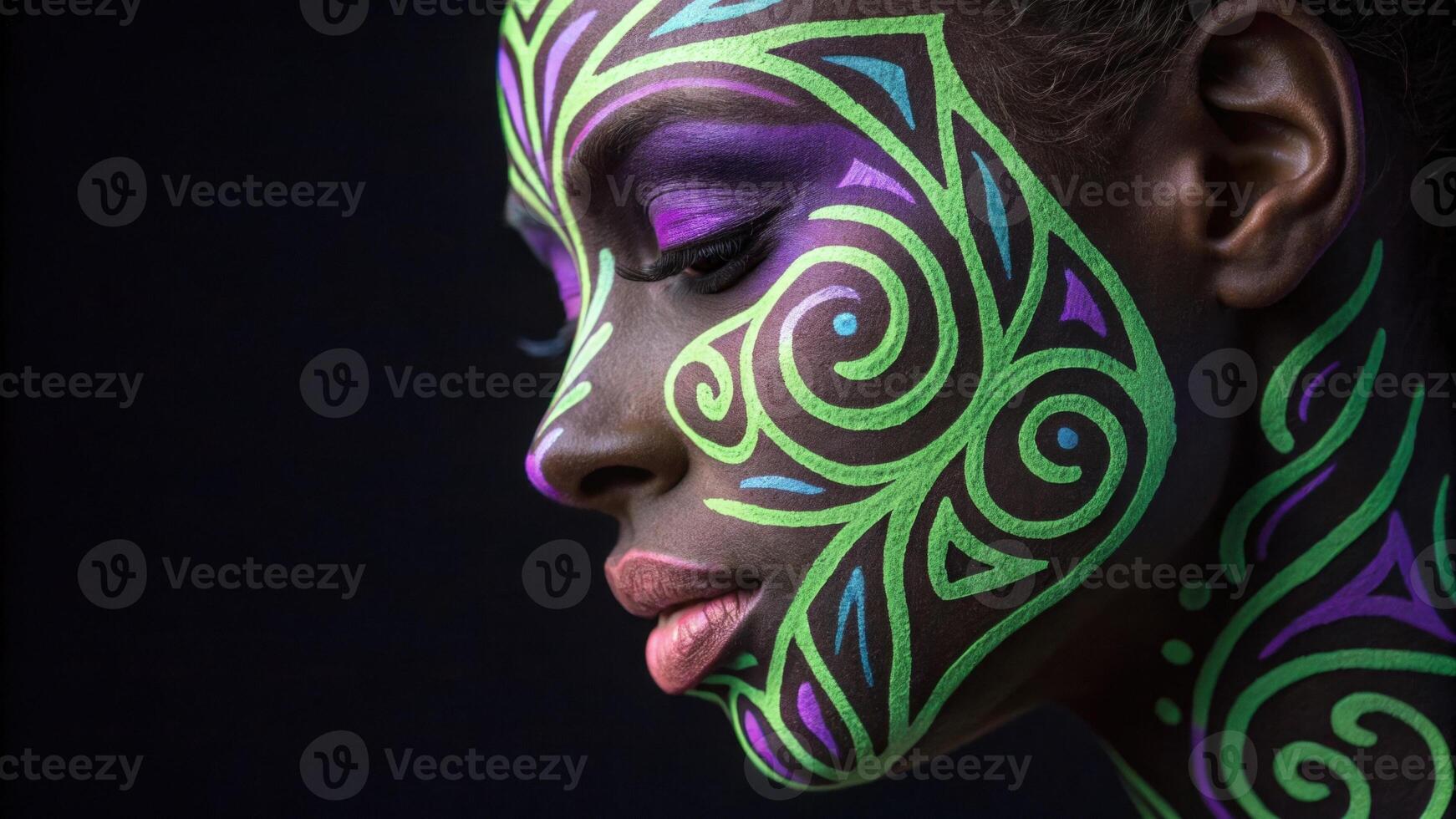 A chic closeup showcasing a face adorned with swirling geometric patterns in neon greens and purples. The designs embrace the contours of the face creating a harmonious balance. photo