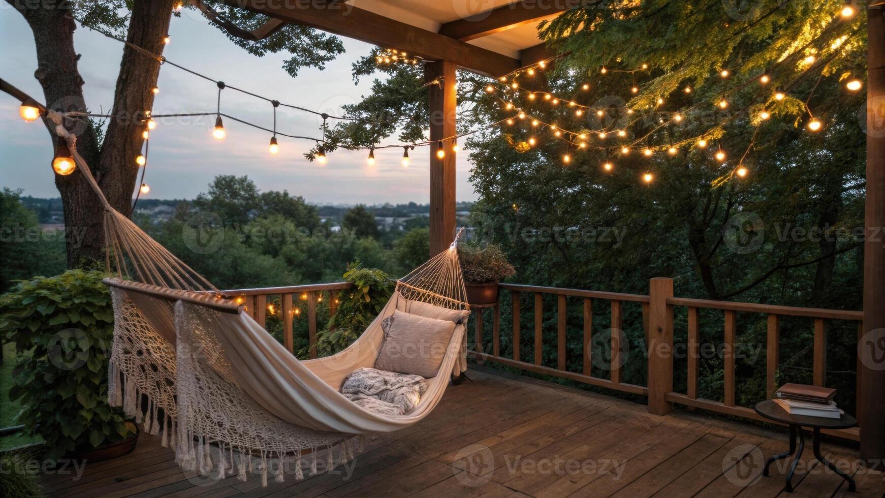 A delightful outdoor retreat features a cozy hammock resting against a backdrop of lively greenery. Below charming string lights drape elegantly around the wooden railing casting a. photo