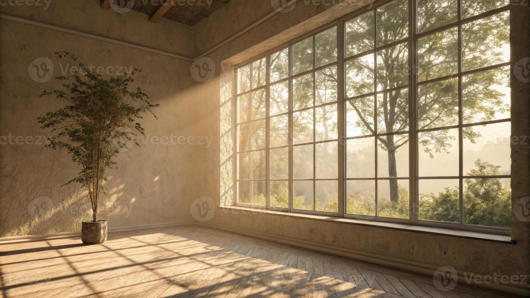 A large window invites gentle sunlight casting delicate shadows across the textured wall creating a soothing interplay of light and shade enhancing the serene atmosphere.. photo