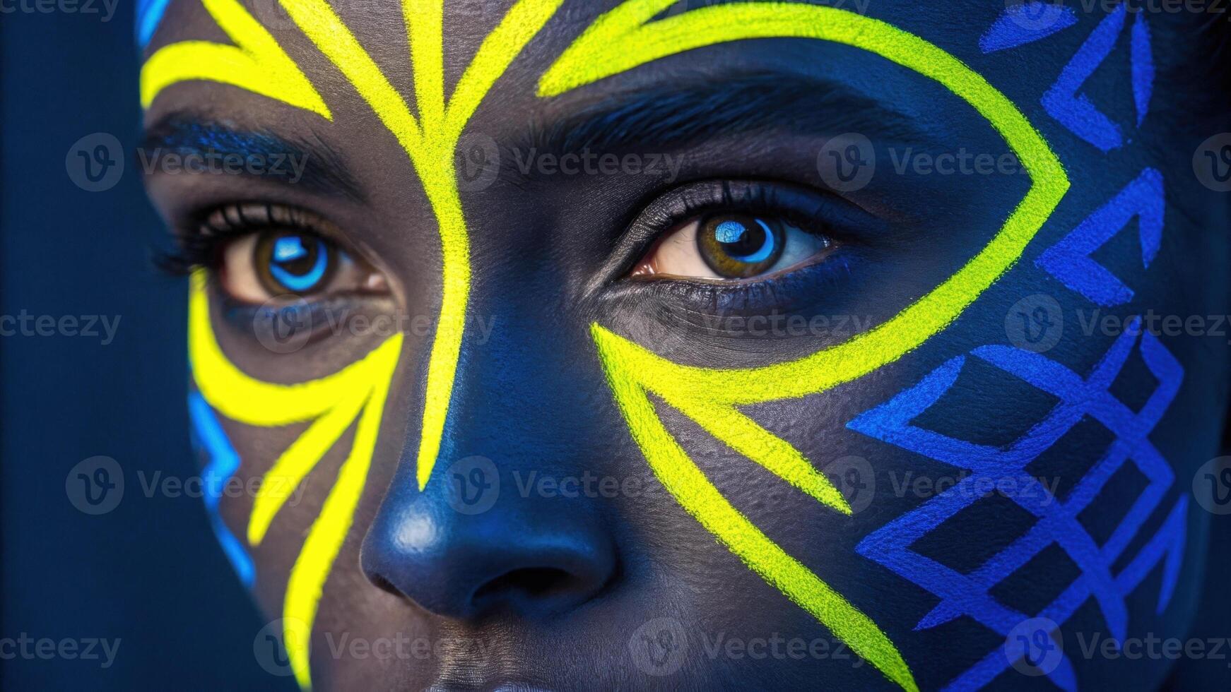 A closeup portrait where neon yellow and deep blue shapes radiate outward from the eyes creating a mesmerizing focal point that brings the entire face to life.. photo
