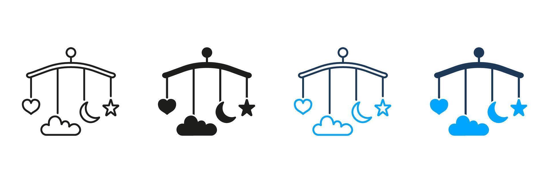 Baby Mobile with Heart, Moon, Stars Line and Silhouette Icon Set. Nursery Sleep Aid Symbol. Infant Crib Mobile. Nursery Decoration for Bedtime. Editable Stroke. Isolated Illustration vector