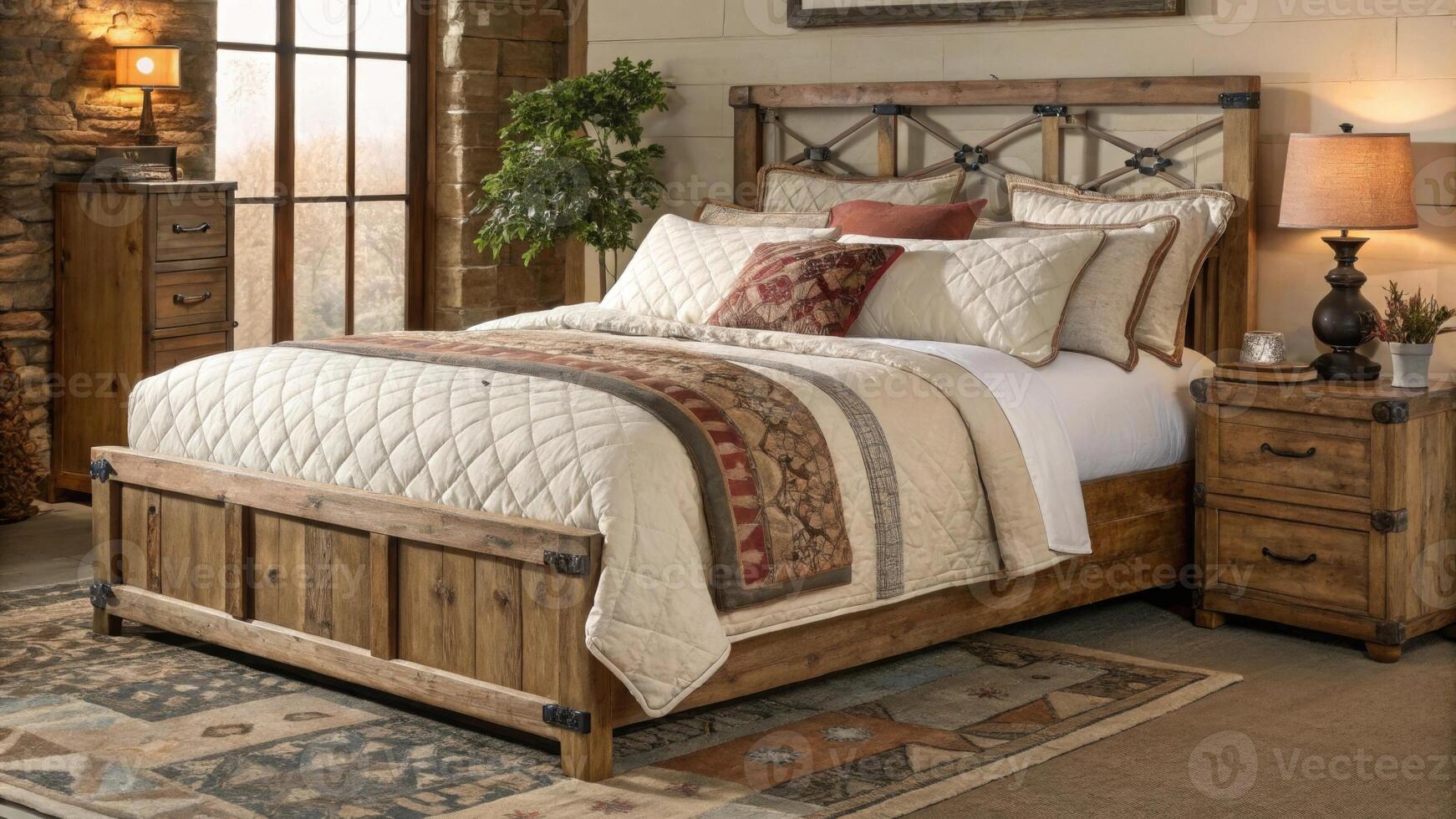 A large plush quilt drapes over a sy handcrafted bed frame layered with soft pillows and throws inviting relaxation and slumber amidst the charming imperfections of rustic design.. photo