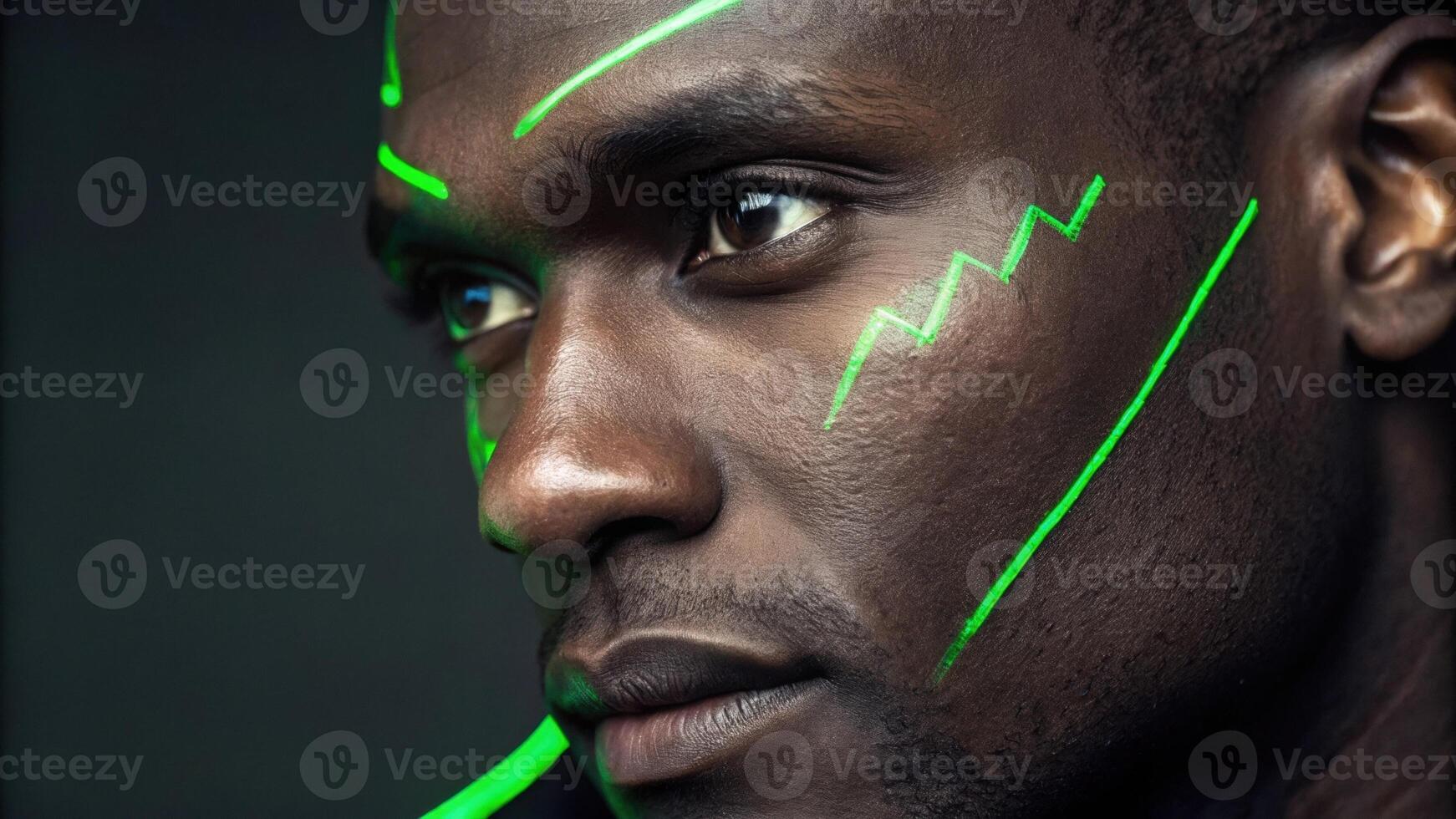 A closeup of a mans face with bold green neon lines accentuating his prominent brow and the contours of his nose. The high contrast between his skin tone and the neon creates a. photo