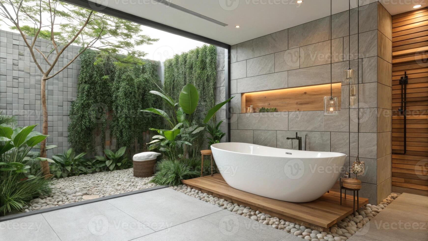 A freestanding bathtub occupies a corner framed by warm wood accents that contrast beautifully with the cool tones of the tiled walls. Plentiful greenery adds a touch of nature and. photo