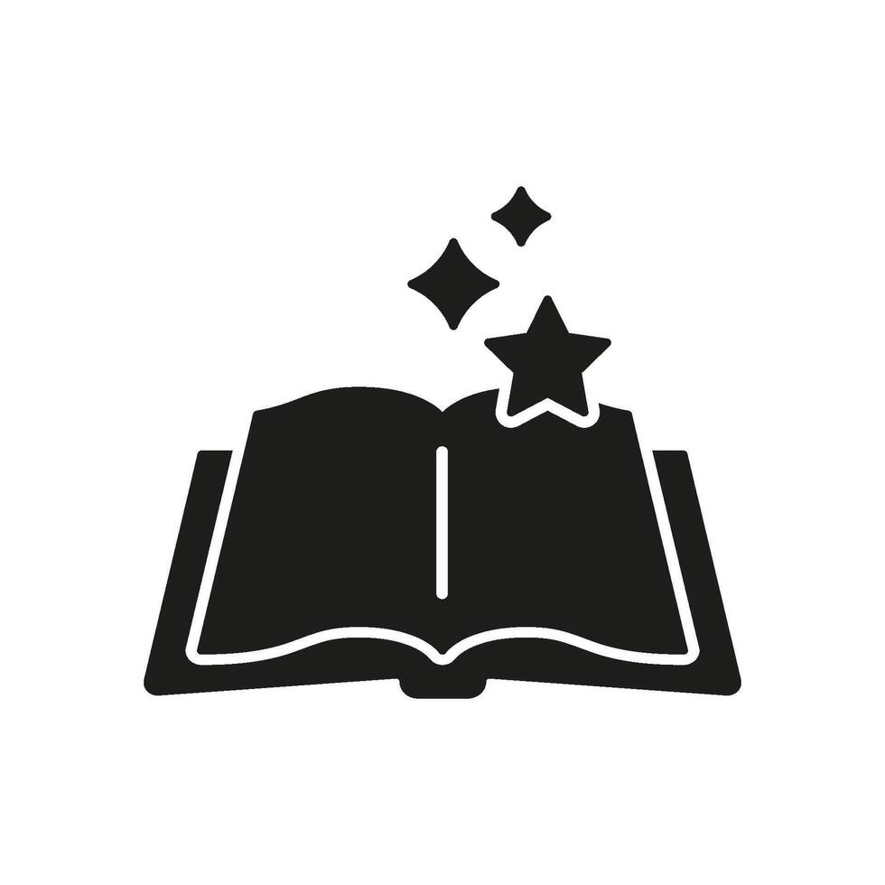 Open Book With Stars Silhouette Icon. Magical Storybook Glyph Symbol. Fantasy Reading, Bedtime Story Or Fairy Tale. Isolated Illustration vector