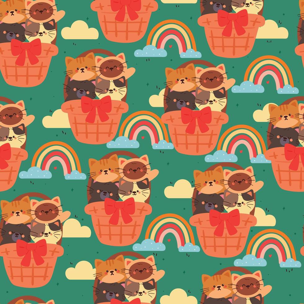 seamless pattern cute cartoon cat inside basket with sky element drawing. cute animal pattern for wallpaper, background and gift wrap paper vector