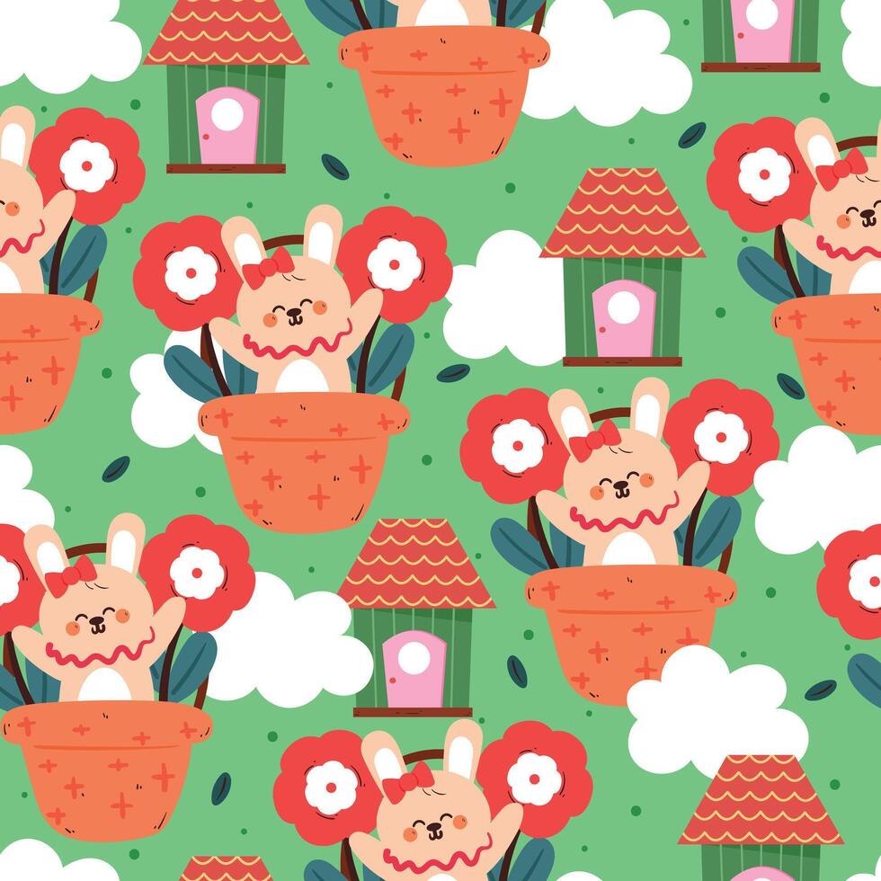 seamless pattern cute cartoon bunny inside a flower basket with home and sky element. cute animal drawing for wallpaper, pattern, background vector