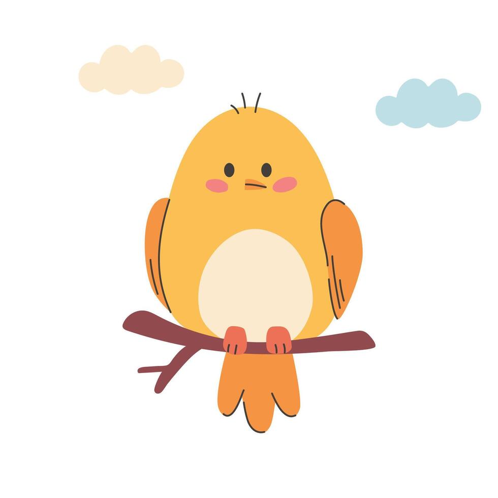 Cute bird sitting on a branch. cartoon illustration in childish style. Images are isolated on white. vector