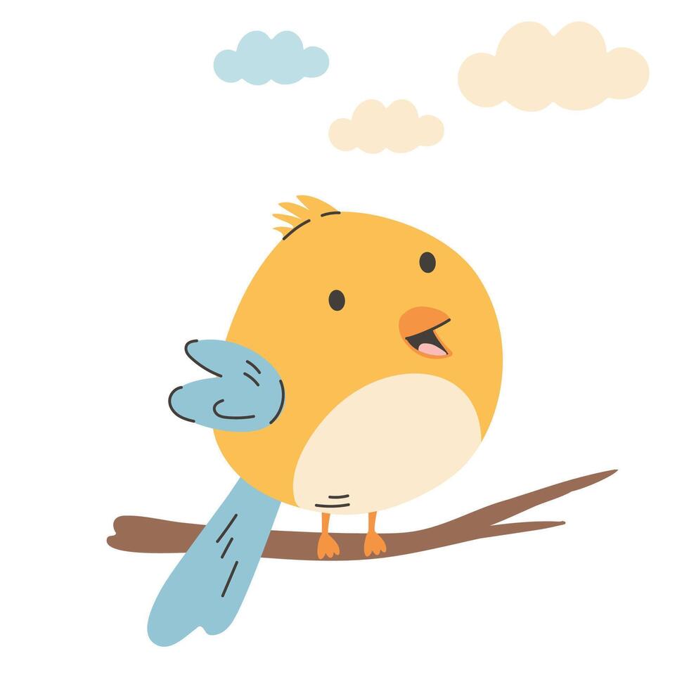 Cute cartoon bird on a branch. cartoon illustration in childish style. Images are isolated on white. vector