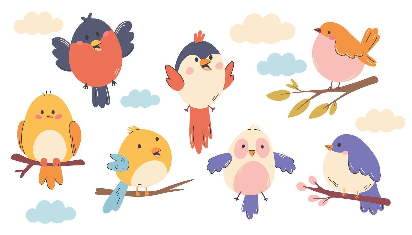 Set of cute birds illustrations. Different birds. Beautiful and cute multi-coloured birds. cartoon illustration in childish style. Isolated on white. vector