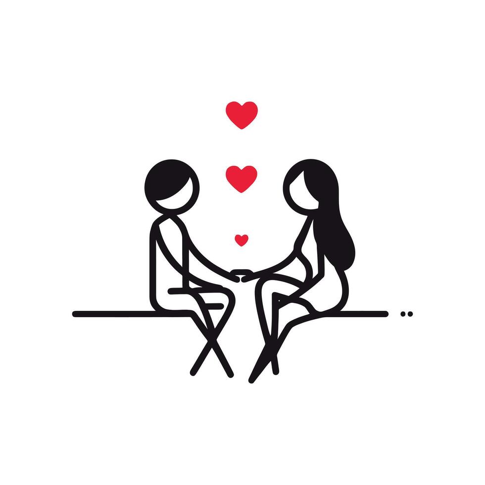 a couple is sitting on a bench with hearts in the background vector