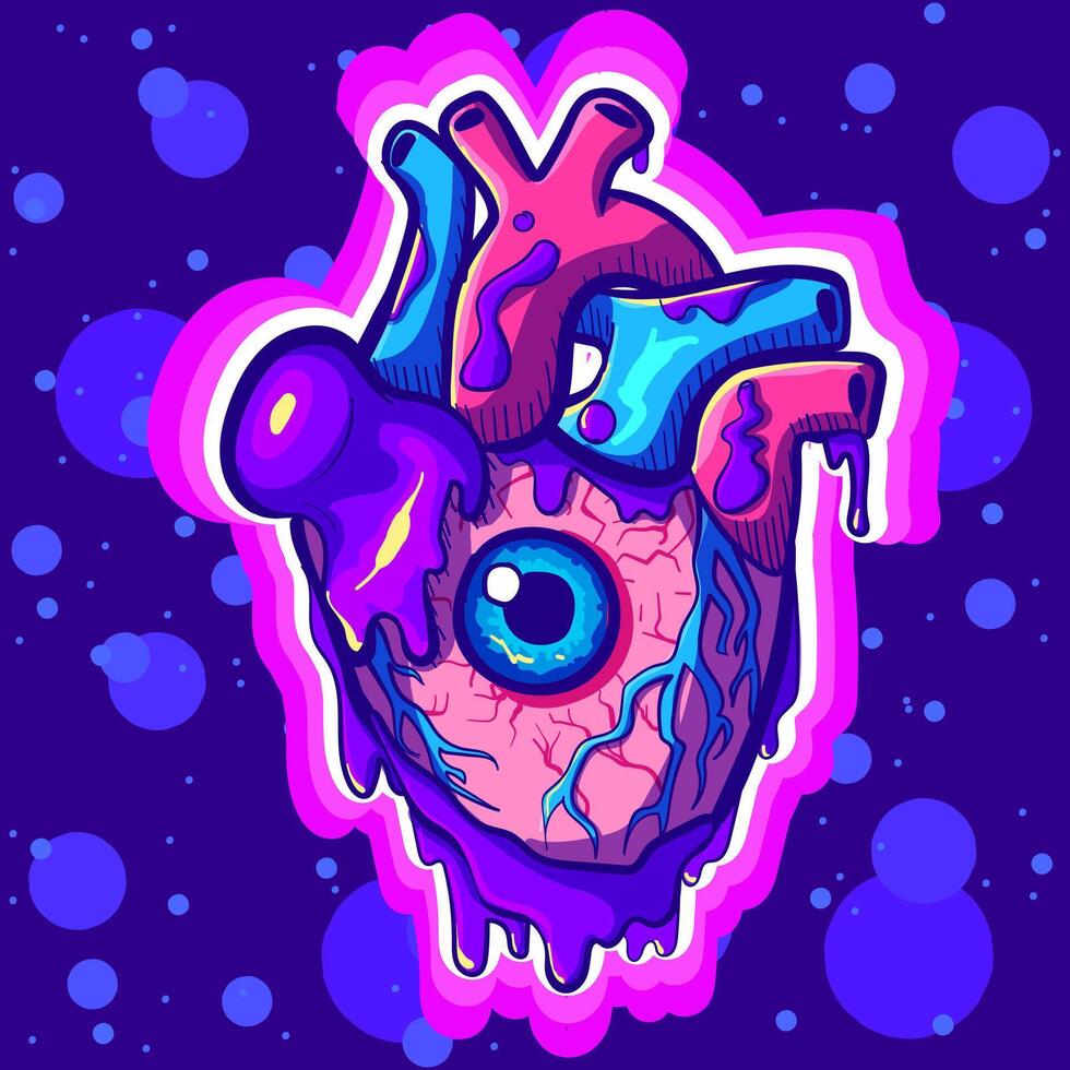 Grunge concept of a heart with an eye. Psychedelic and trippy acid organ with veins and arteries. vector