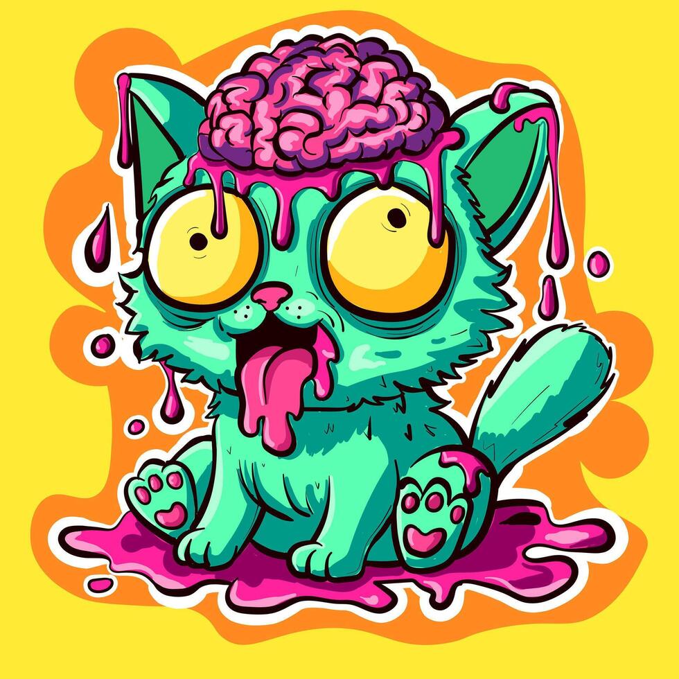 Psychedelic trippy kitty with brains surrounded by pink slime. Acid crazy cat with its tongue out. vector