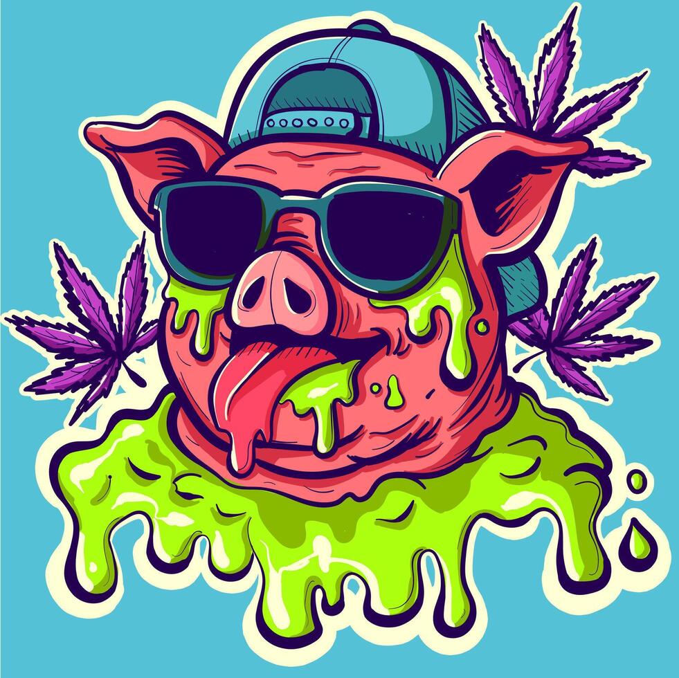 Psychedelic cool pig head sticker with sunglasses and rapper hat. Acid trippy piggy with tongue sticking out surrounded by green slime. vector