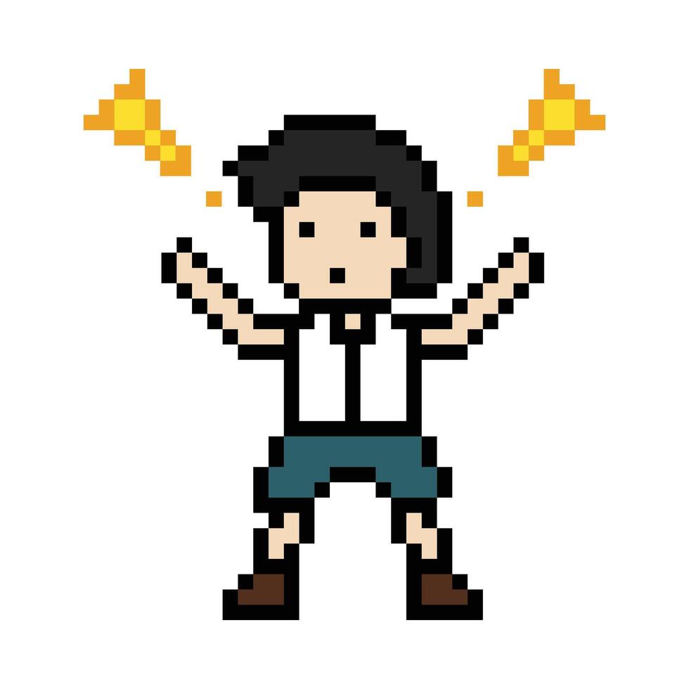 Cartoon cute male boy man with exclamation mark surprise shock character 8bit design pixel. vector