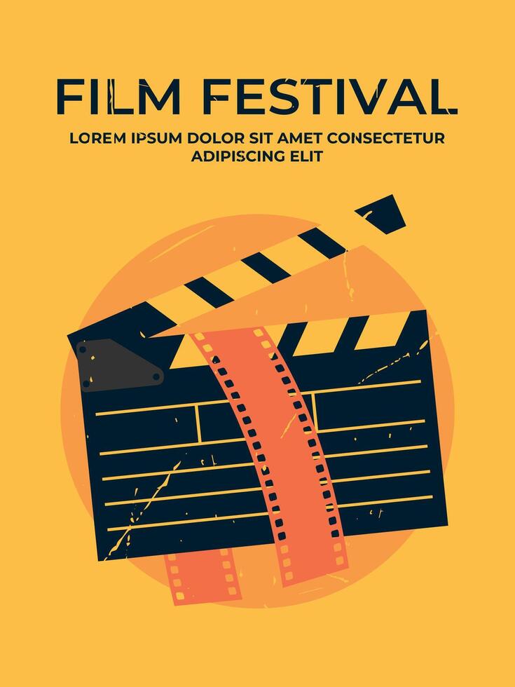 Film festival retro poster design with a film strip in clapperboard. Minimalist film poster in retro style with grunge texture vector