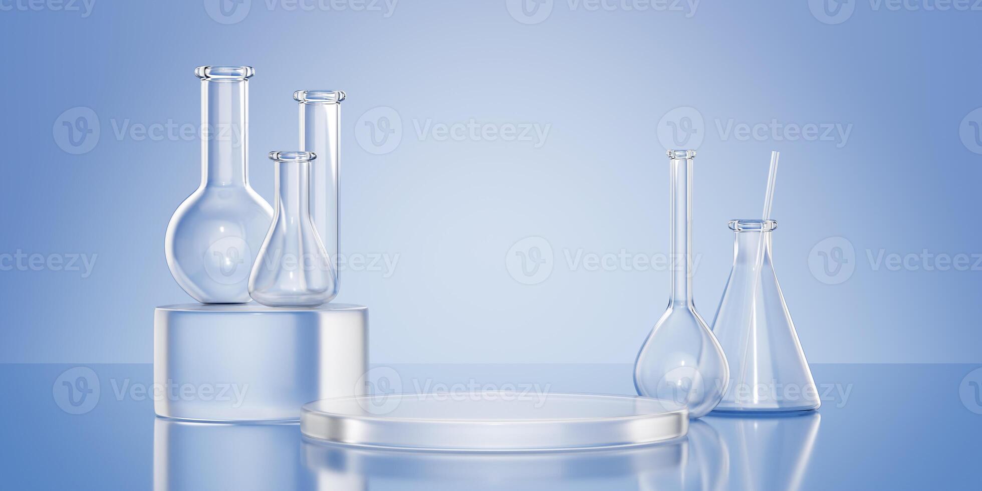 Laboratory glass flasks with cylinder podium composition in 3d render illustration. photo