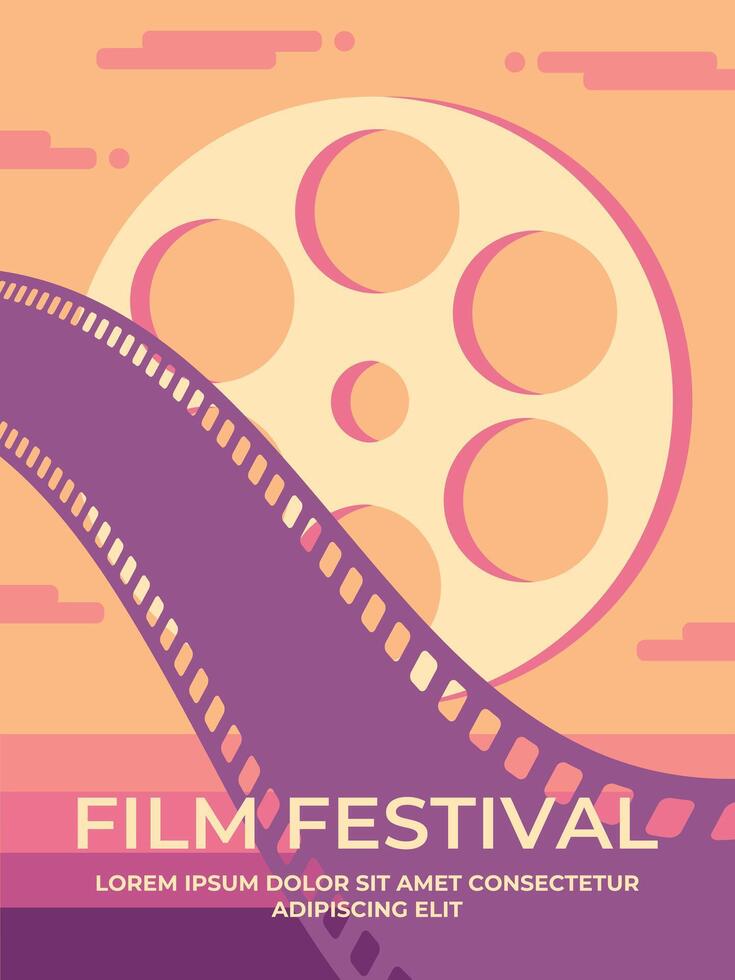 Film festival retro poster template design with a film strip and reel on sunset sky view. Minimalist film poster in retro style vector