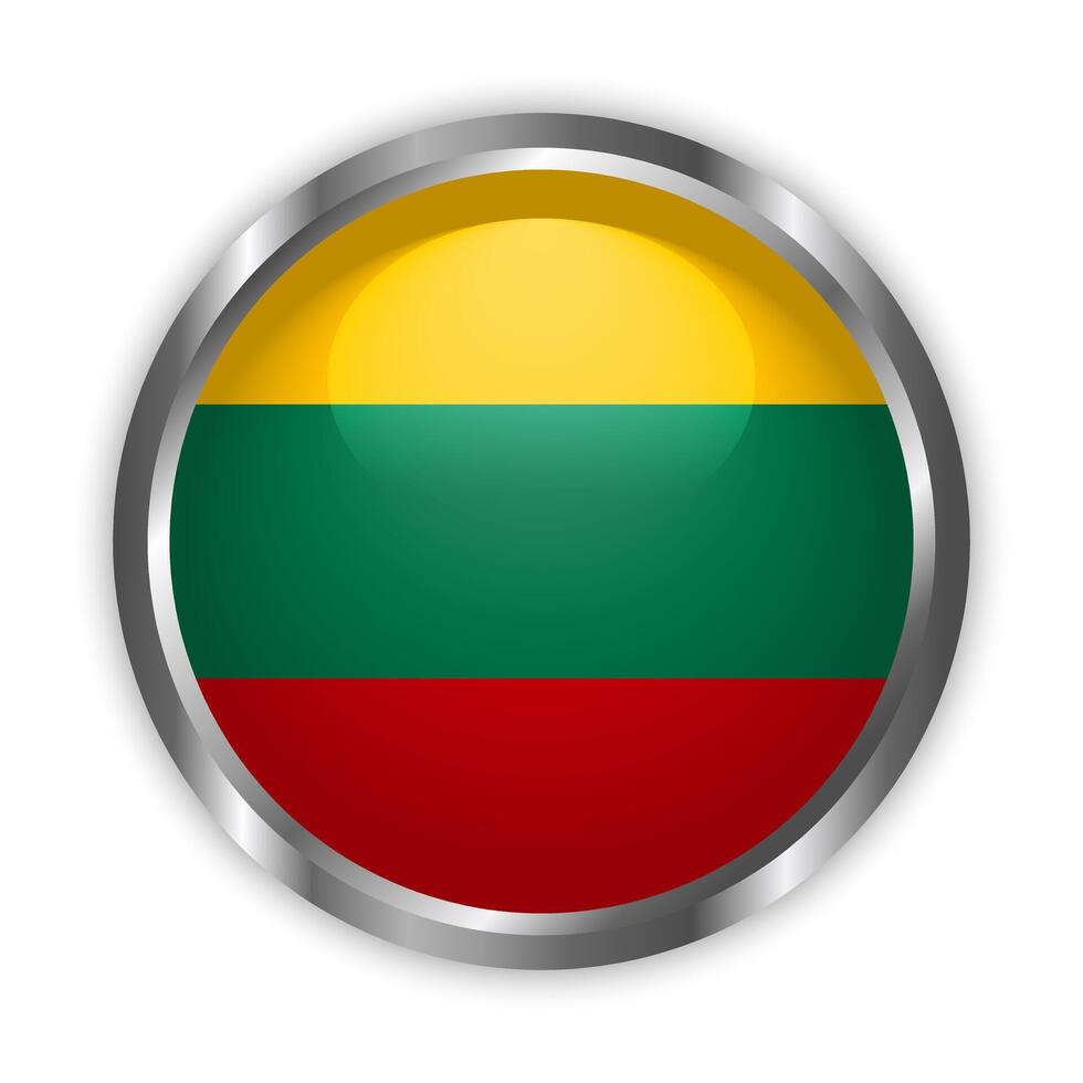 Lithuania national flag button with silver frame. Lithuania round badge icon vector