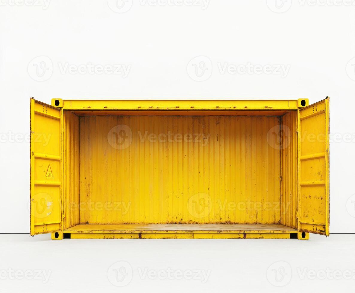 Yellow shipping container sits open and empty against a white background in a minimalist setting photo