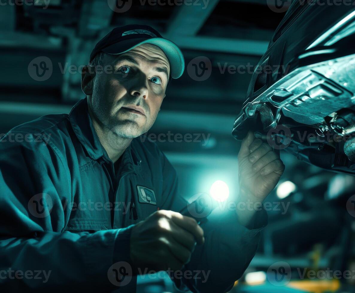 Mechanic inspecting vehicle with flashlight in workshop during nighttime maintenance task photo