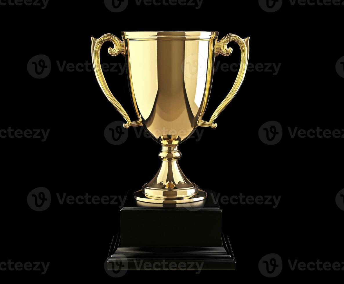 Shiny golden trophy displayed on a black pedestal, symbolizing achievement in competitions and sports events photo