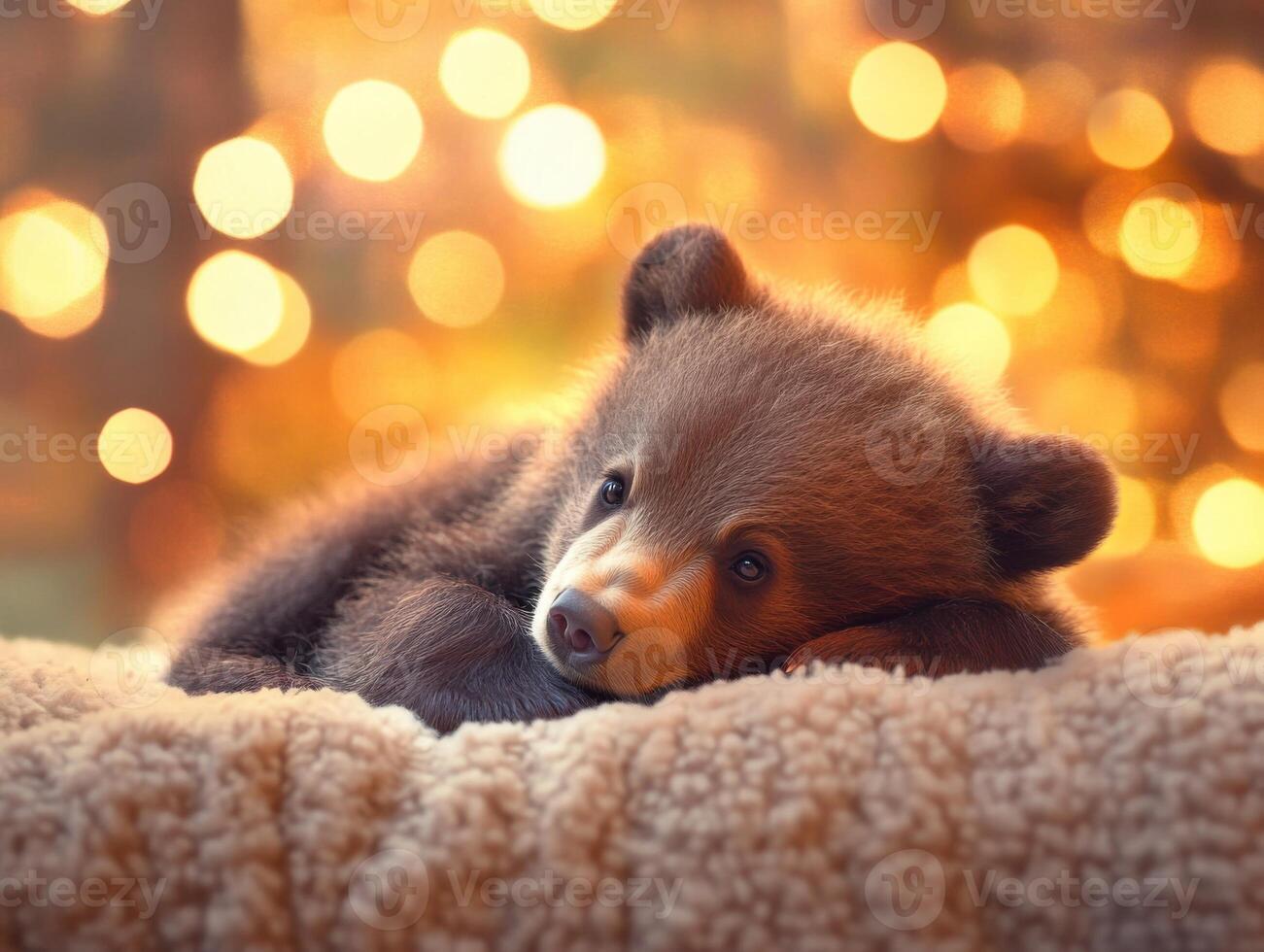 Baby bear rests comfortably on soft surface surrounded by warm glowing lights in a cozy setting photo