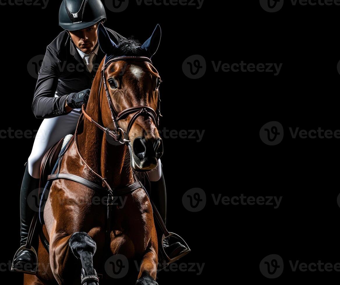 Rider and horse in dynamic pose during show jumping competition at indoor arena in low light conditions photo