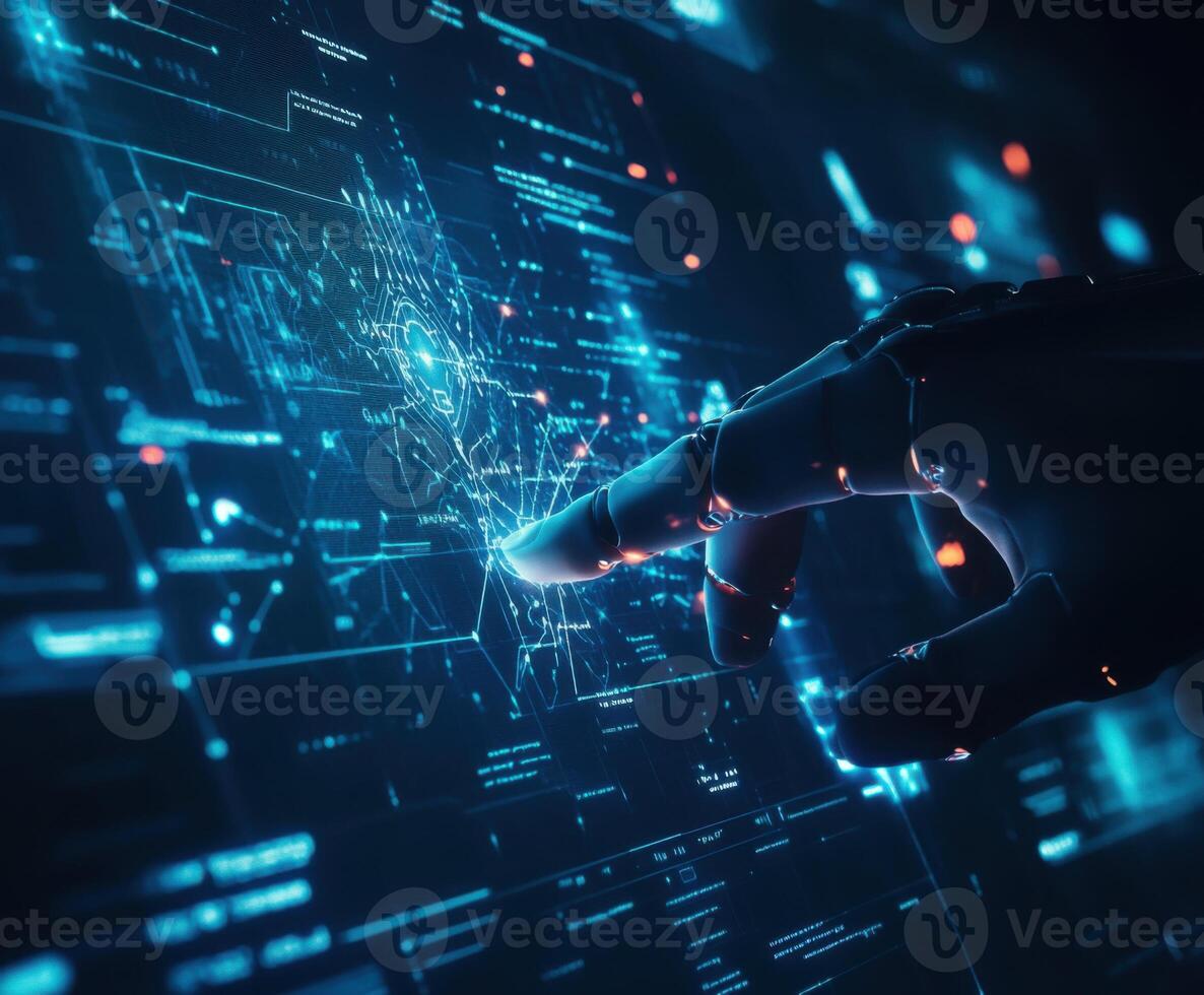 Advanced robotic hand interacting with digital interface showcasing futuristic technology at night photo
