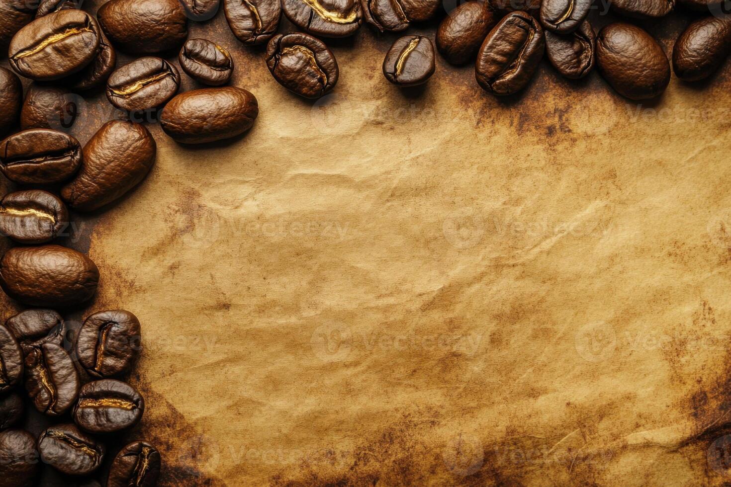 Coffee beans arranged around crumpled parchment paper background for rustic culinary design photo