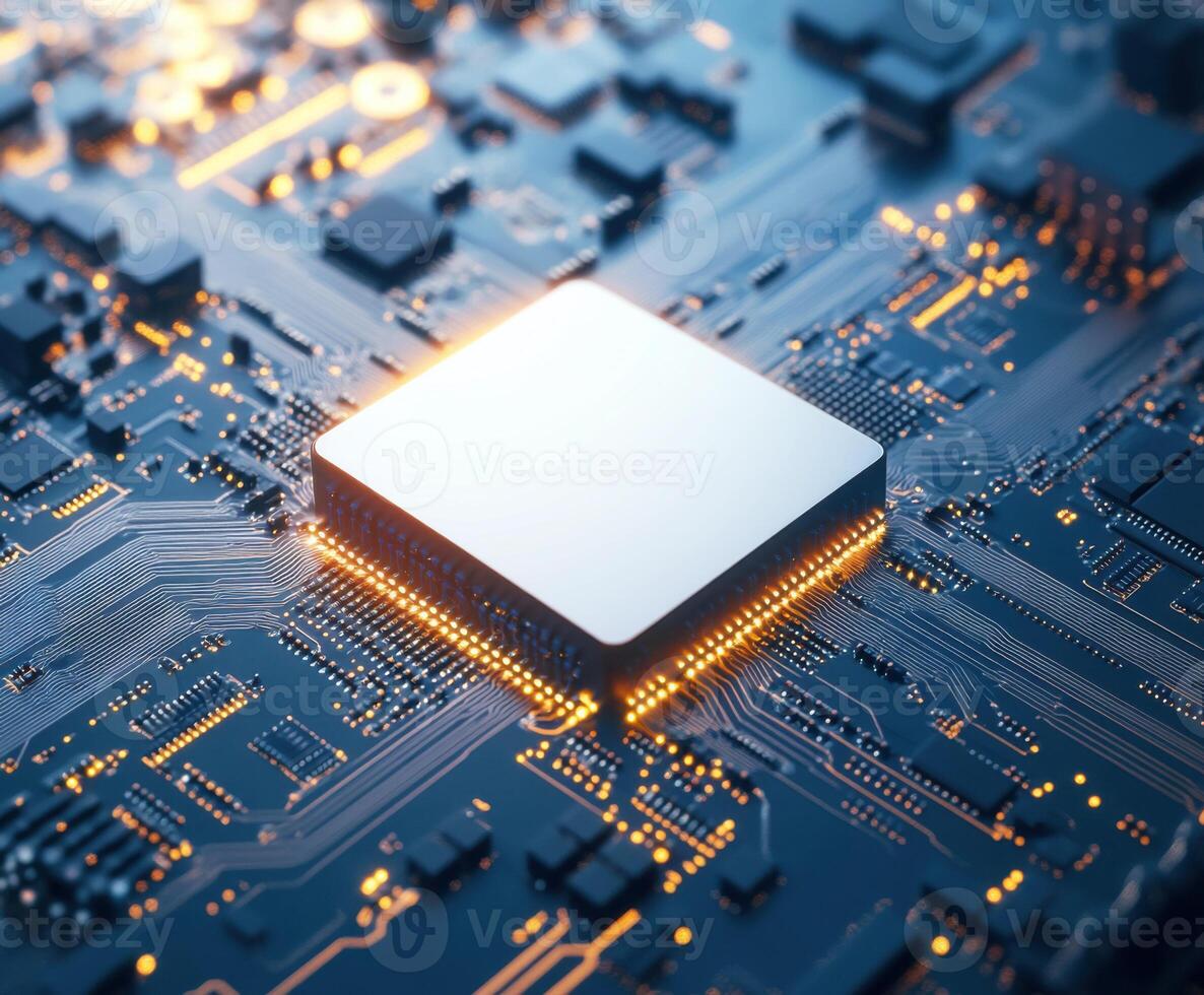 Detail-oriented close-up of a modern microprocessor on a circuit board showcasing intricate connections and glowing elements photo