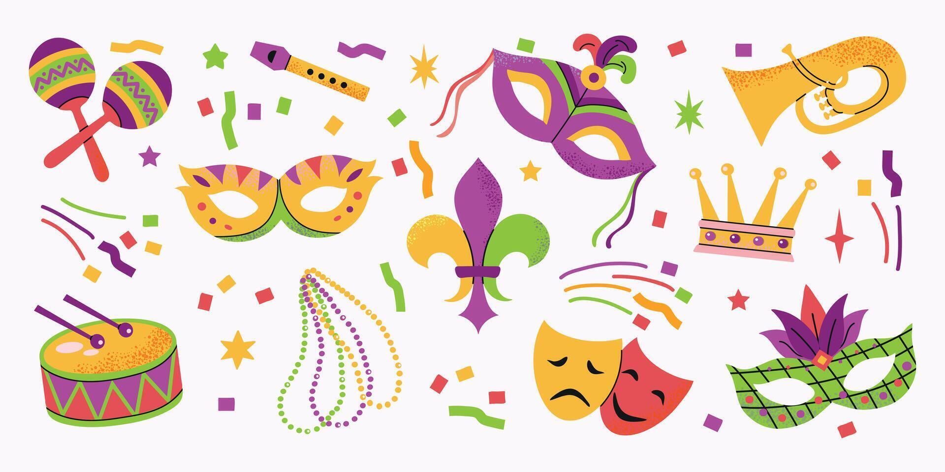 Mardi Gras carnival elements icons collection set illustrations. Mask with feathers, beads, music instruments, fleur de lis vector