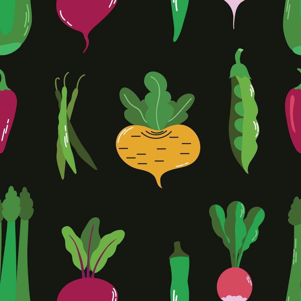 Vegetable pattern background for packaging and decoration with peas, green beans, turnip, okra, radish, celery, beet vector