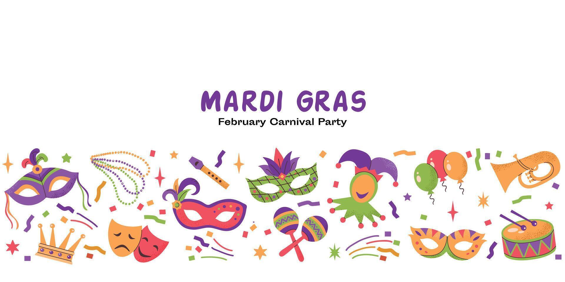 Mardi Gras carnival elements icons collection set illustrations. Mask with feathers, beads, crown, music instruments, fleur de lis vector