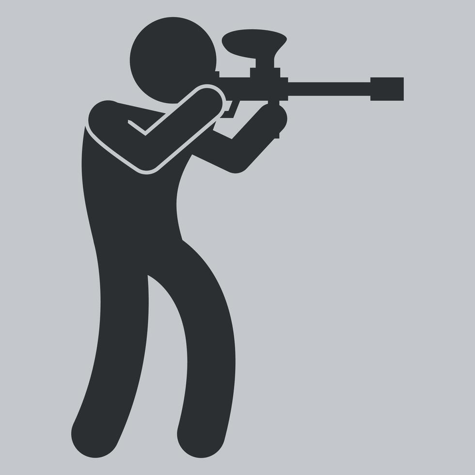 black and white icon of paintball player with paintball gun on white background vector
