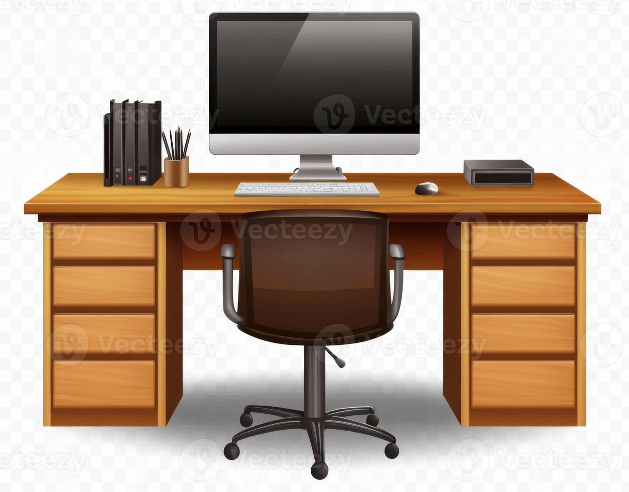 Wooden desk with computer setup and office supplies organized for efficient workspace photo
