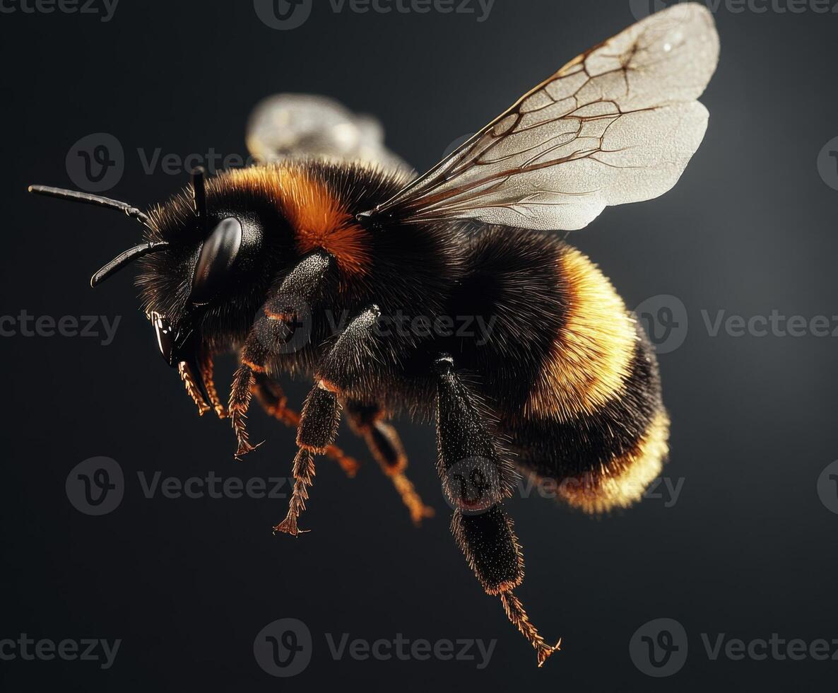 Close-up view of a bee in flight showcasing detailed anatomy and vibrant coloration in a dynamic composition photo