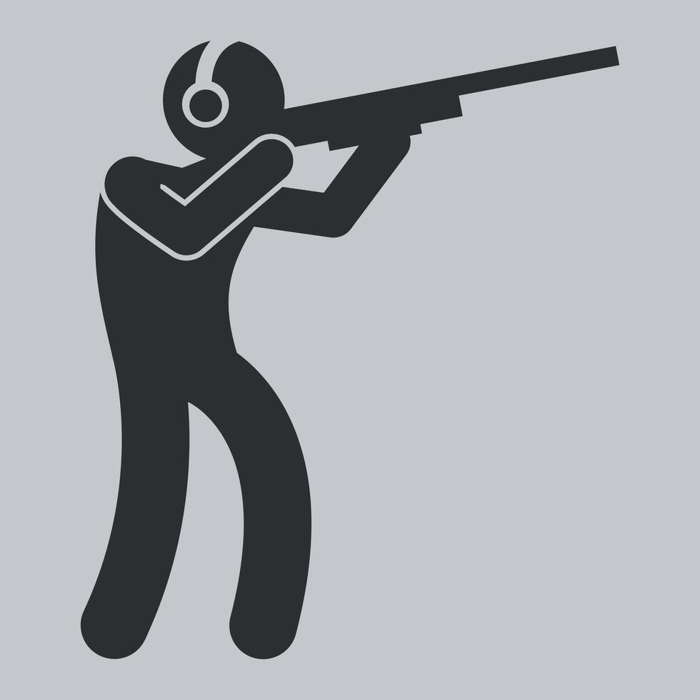 black and white icon of a sportsman hunter with a gun and in headphones on a white background vector