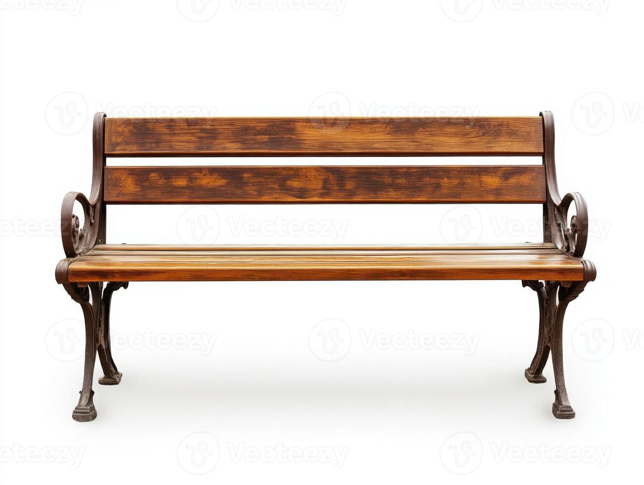 Elegant wooden bench with a vintage design placed against a plain background in a bright setting photo