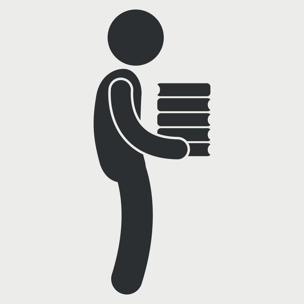 black and white icon of school student with stack of books on white background vector