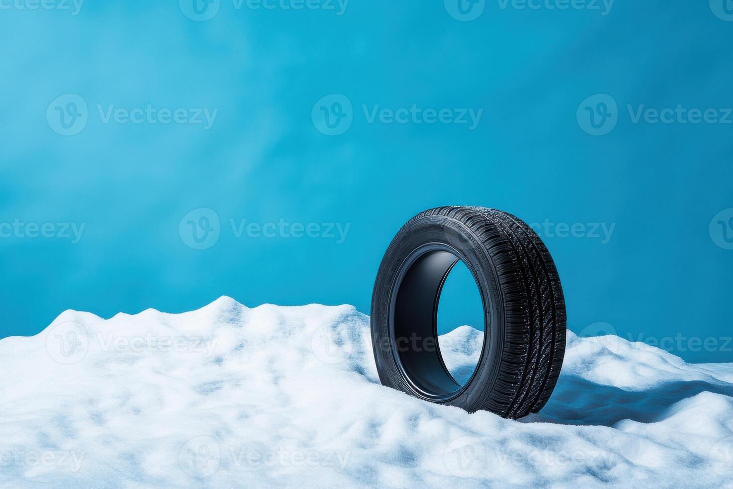 Black tire resting on white snow against a bright blue background creating a striking visual contrast photo