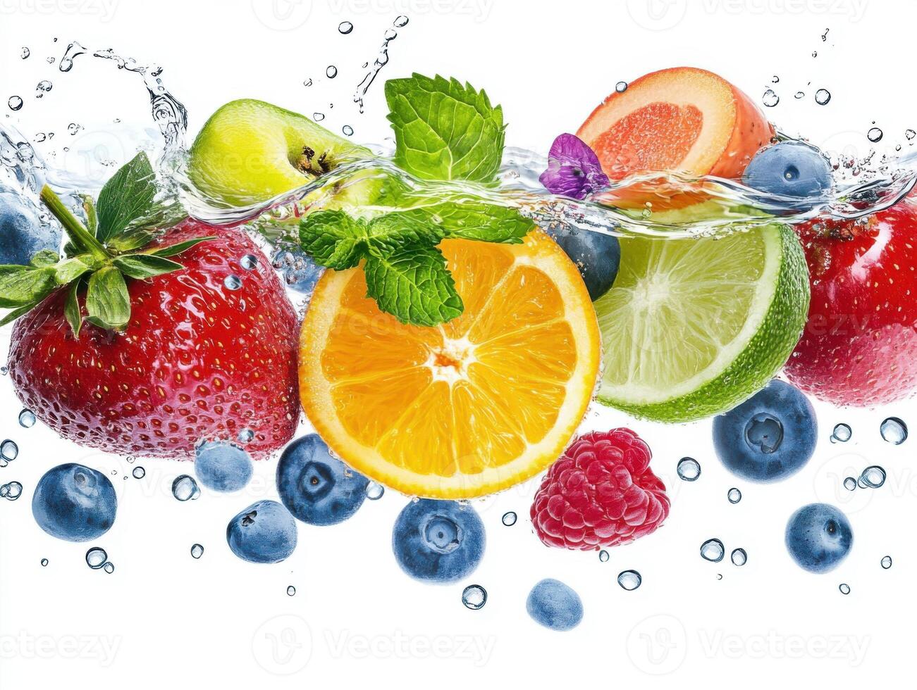 Fresh fruits splash in clear water demonstrating vibrant colors and textures near summer photo