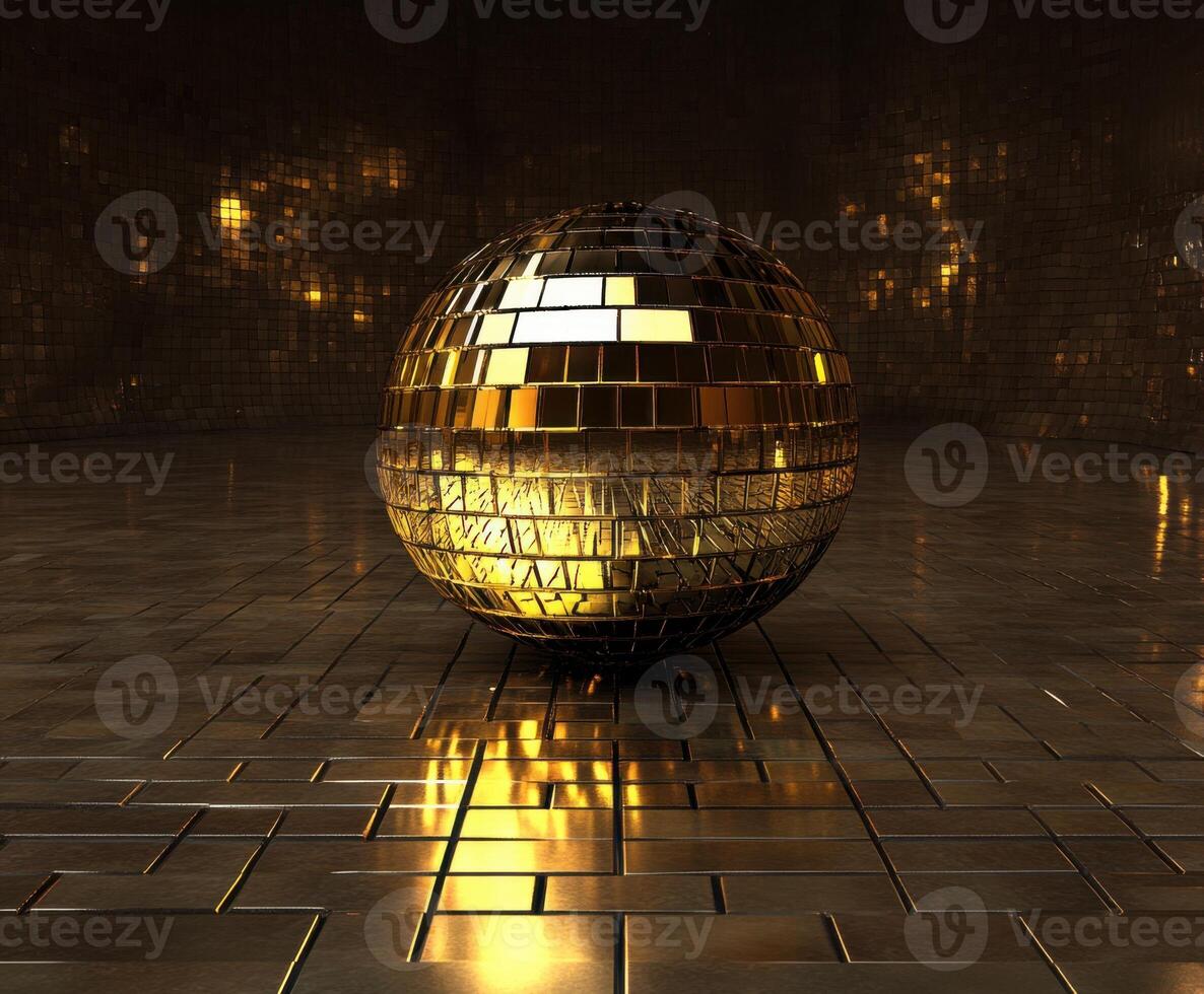 Golden disco ball reflecting light in a dark, stylish environment with glossy floor tiles photo