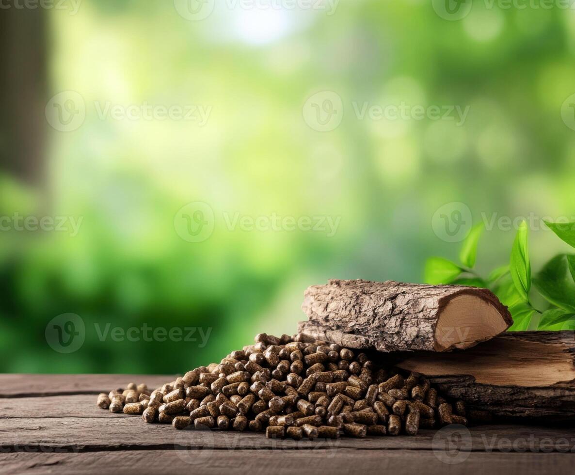 Wood pellets stacked neatly next to a log on a wooden surface with a green natural background photo