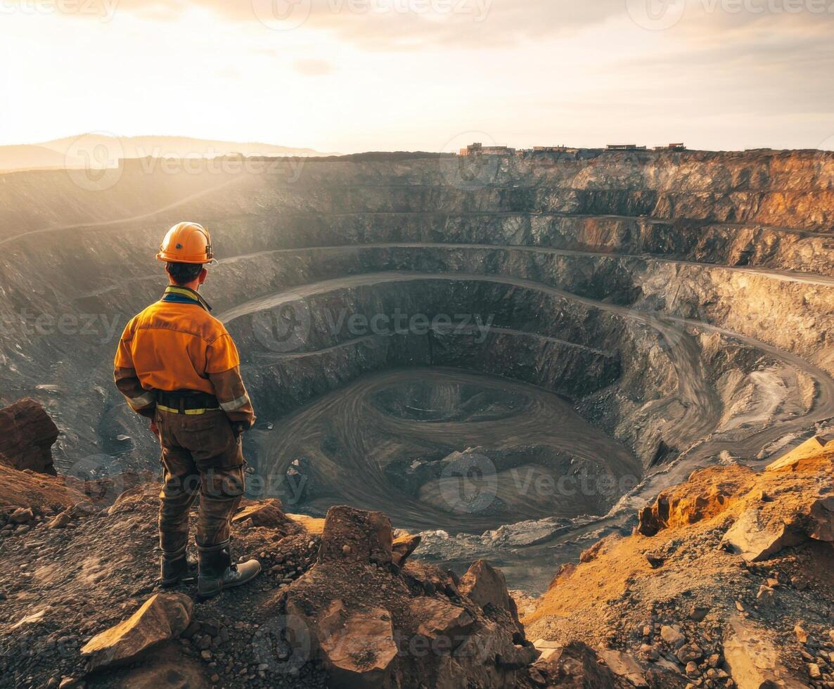 Worker observes vast open pit mine during sunset near a mining site in a remote location photo